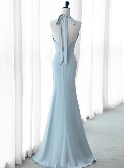 Elegant Sky Blue Mermaid Prom Dress Halter-Neck Party Dress Long Formal Dress DP6998