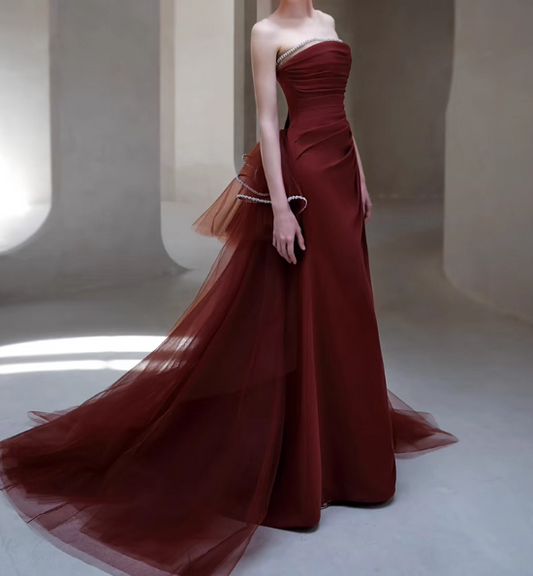 Elegant Burgundy Sheath Prom Dress Strapless Party Dress Trailing Formal Dress DP6999