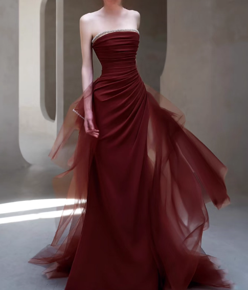 Elegant Burgundy Sheath Prom Dress Strapless Party Dress Trailing Formal Dress DP6999