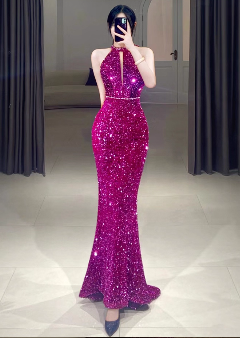 Elegant Fuchsia Mermaid Prom Dress Sequin Halter-Neck Party Dress Long Formal Dress DP7000