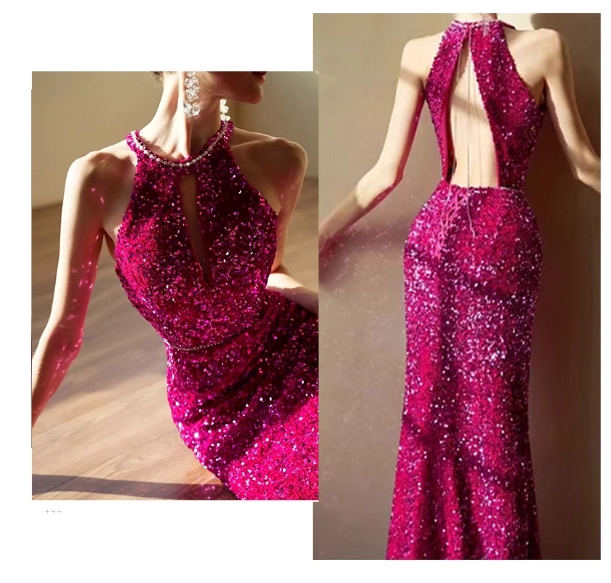 Elegant Fuchsia Mermaid Prom Dress Sequin Halter-Neck Party Dress Long Formal Dress DP7000