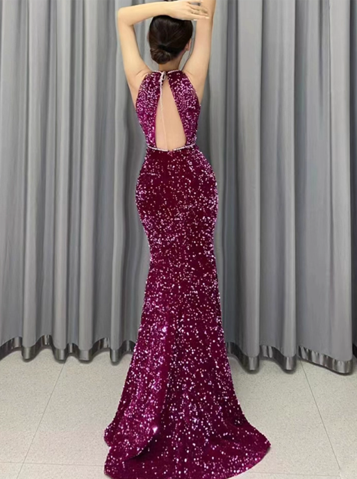Elegant Fuchsia Mermaid Prom Dress Sequin Halter-Neck Party Dress Long Formal Dress DP7000