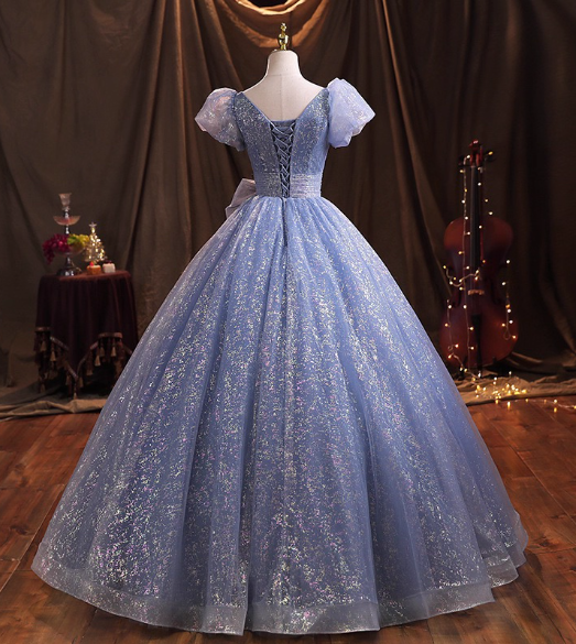 Sparkly Light Blue Puff Sleeves Bow Evening Dress Fairycore Quinceañera Ball Gown DP7075