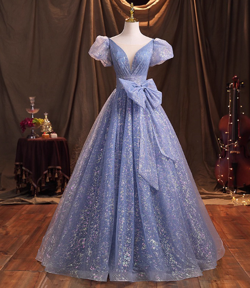 Sparkly Light Blue Puff Sleeves Bow Evening Dress Fairycore Quinceañera Ball Gown DP7075