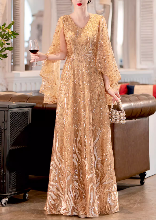 Robe de soirée glamour dorée à sequins, col en V, manches papillon, modèle DP7079