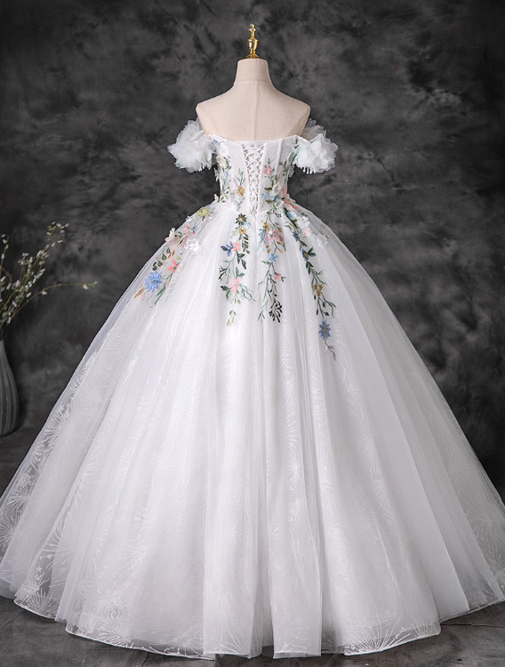 Robe de bal élégante de quinceañera, épaules dénudées, broderie florale 3D, coupe trapèze, DP7082