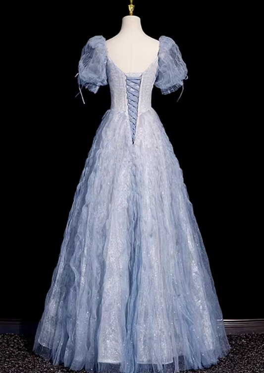 Vintage Lace Bodice & Ruffled Glitter Tulle Prom Dress A-Line Light Blue Puff Sleeve Ball Gown DP7086