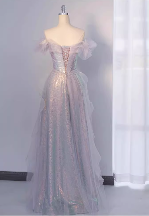 Robe de bal glamour lavande irisée à épaules dénudées, ornée de volants et de paillettes, en tulle, pour Sweet 15 (DP7087)