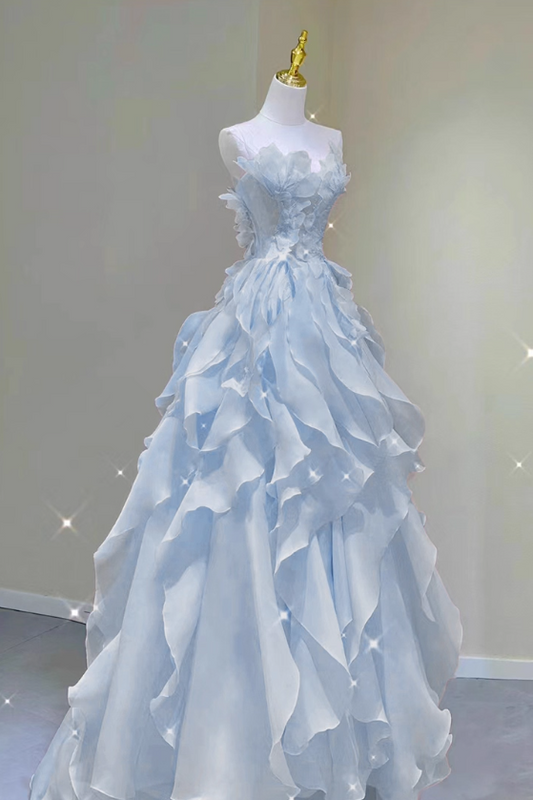 Glamorous Light Blue Strapless Ruffled Organza Evening Dress 3D Floral A-Line Sweet 15 Quinceañera Ball Gown DP7088