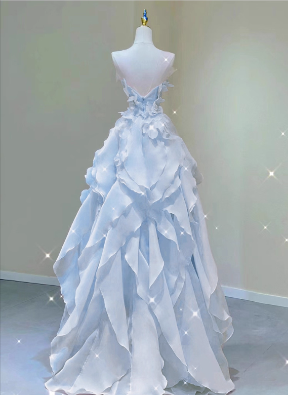 Glamorous Light Blue Strapless Ruffled Organza Evening Dress 3D Floral A-Line Sweet 15 Quinceañera Ball Gown DP7088