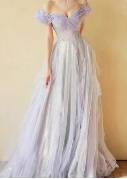 Glamorous Iridescent Lavender Off-Shoulder Puff Sleeves Evening Dress A-Line Glitter Tulle Quinceañera Ball Gown DP7089