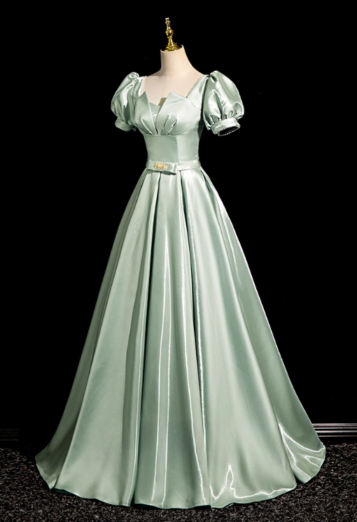 Glamouröses salbeigrünes A-Linien-Abendkleid aus Satin mit Puffärmeln und Schleife (Modell DP7090)