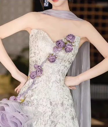 Glamorous Lilac 3D Flowers Sweetheart Lace Prom Dress Mermaid Strapless Evening Gown DP7095