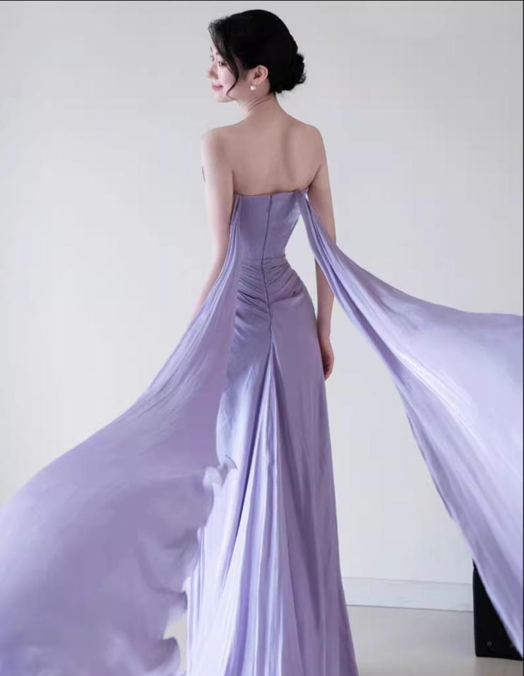 Ethereal Lilac Strapless Prom Dress Sheath High Slit Pleated Evening Gown DP7096