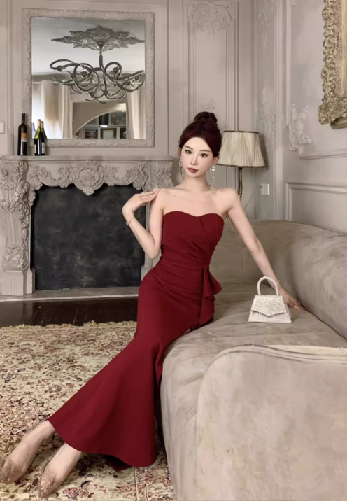 Elegant Burgundy Strapless Prom Dress Sheath High Slit Ruffled Evening Gown DP7097