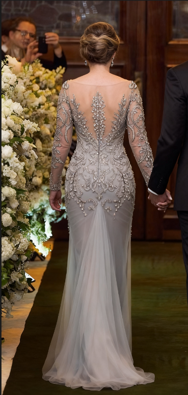 Elegant Silver Grey Beaded Sheer Long Sleeves Embroidered Maxi Mother of the Bride Dress DP7149