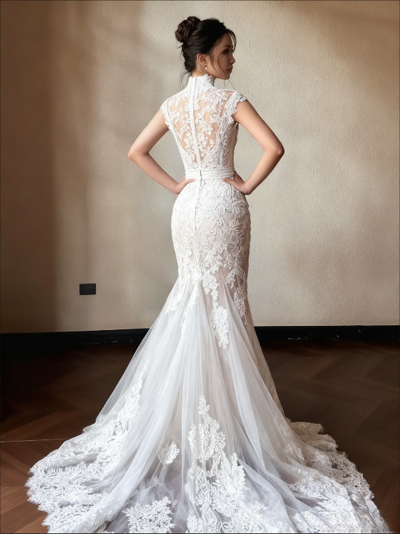 Robe de mariée sirène élégante en dentelle à col montant et appliques, longue robe de mariée DP7119