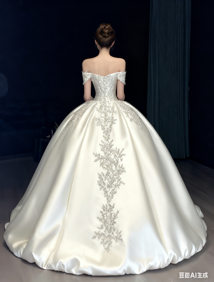 Elegant Satin Embroidery Beaded Wedding Dress A-Line Off-Shoulder Bridal Gown DP7129