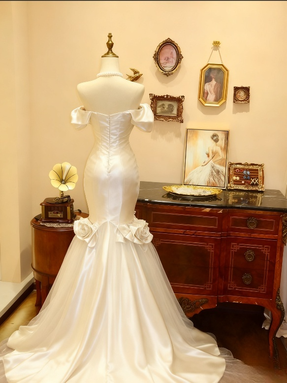 Glamorous Satin Off-Shoulder Wedding Dress Mermaid 3D Flowers Bridal Gown DP7154