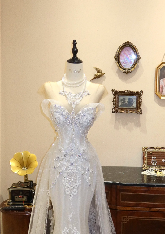 Elegant White Lace Beaded Strapless Wedding Dress Mermaid Tulle Bridal Gown DP7161