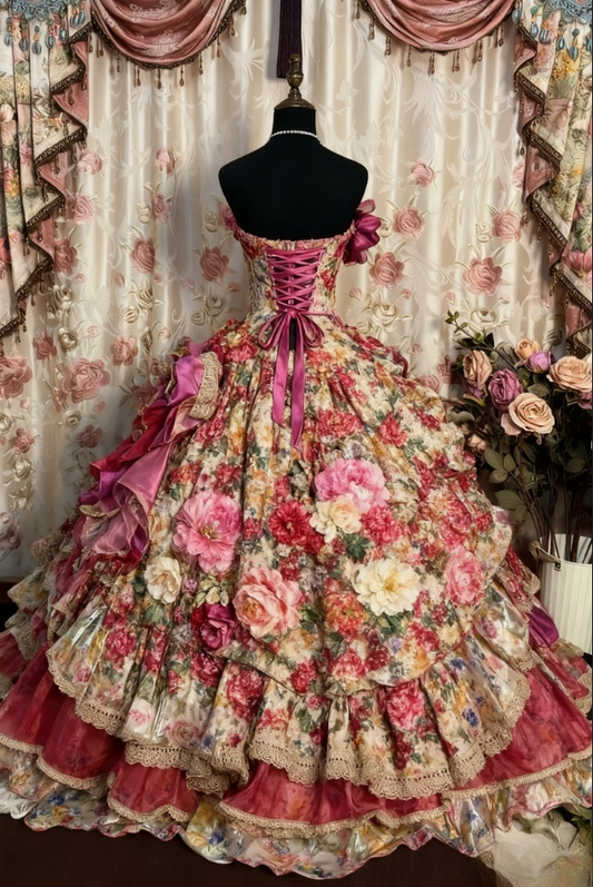 Robe de bal bustier d'inspiration vintage, ornée d'appliqués floraux 3D, à volants et à étages, idéale pour une quinceañera ou un sweet 15 (DP7171).