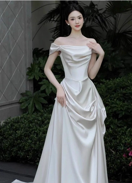 Elegant Satin Off-Shoulder Wedding Dress Classic Sheath Bridal Gown DP7206