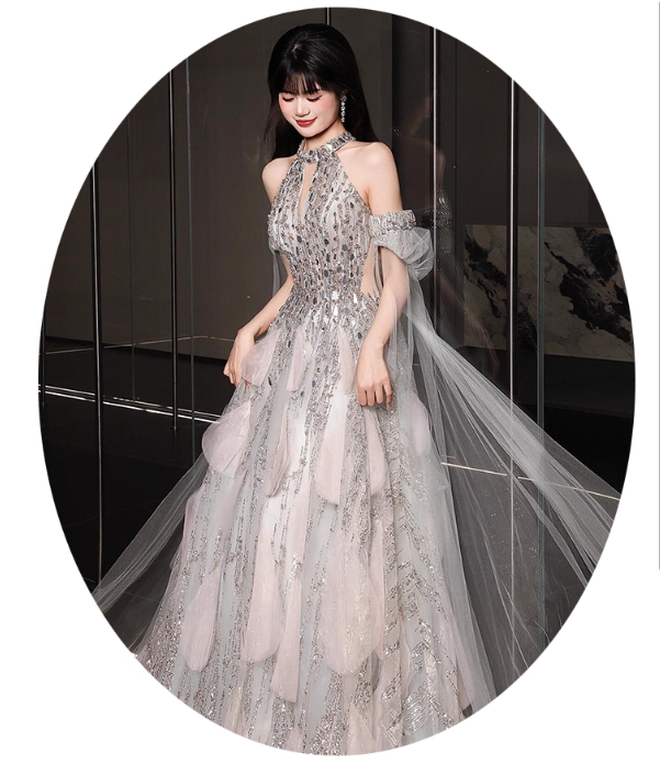 Vintage Silver Sequin Halter-Neck A-Line Tulle Cape & 3D Petal Evening Gown DP7208