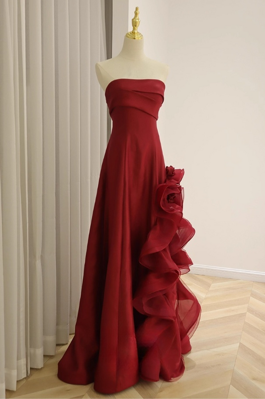 Elegant Burgundy Chiffon Ruffled Floral A-Line Strapless Evening Gown DP7211