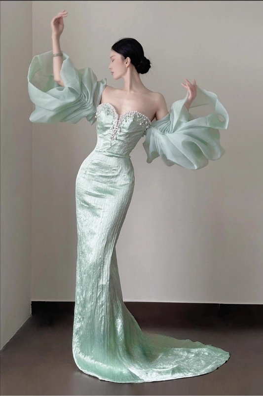 Elegant Mint Green Strapless with Ruffled Sleeves Pearl Sweetheart Sheath Evening Gown DP7215
