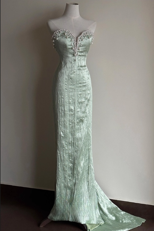 Elegant Mint Green Strapless with Ruffled Sleeves Pearl Sweetheart Sheath Evening Gown DP7215