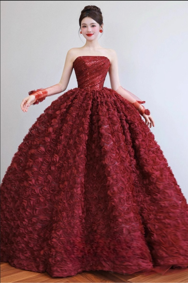 Glamouröses burgunderrotes, trägerloses Paillettenkleid mit 3D-Rosenapplikationen für Quinceañera/Sweet 15 (DP7214)