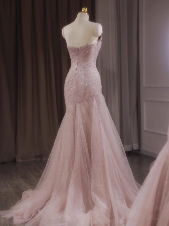 Elegant Pink Strapless Sequin Mermaid Tulle Evening Gown DP7217