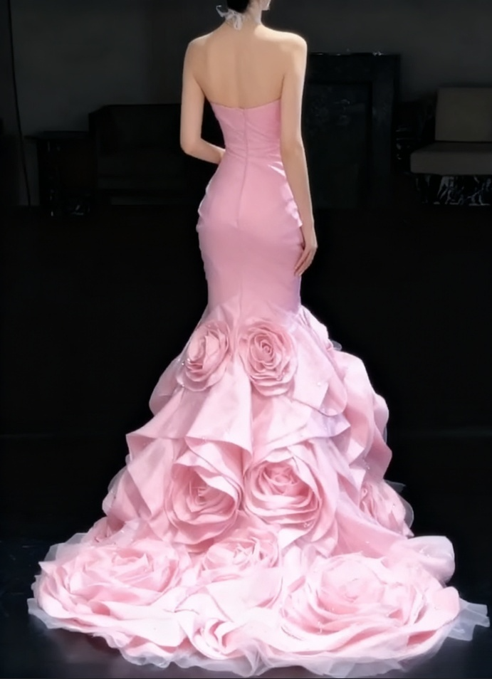 Elegant Pink Strapless 3D Floral Sweetheart Mermaid Evening Gown DP7246