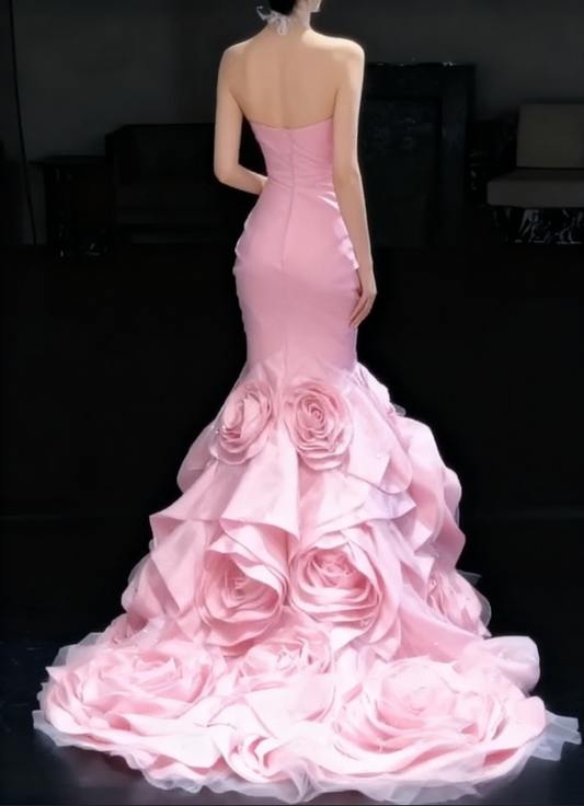 Elegant Pink Strapless 3D Floral Sweetheart Mermaid Evening Gown DP7246