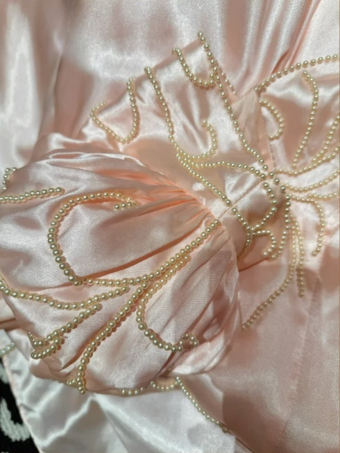 Vintage Pink Satin Puffed Sleeves Intricate Bodice Fairytale Evening Gown DP7263