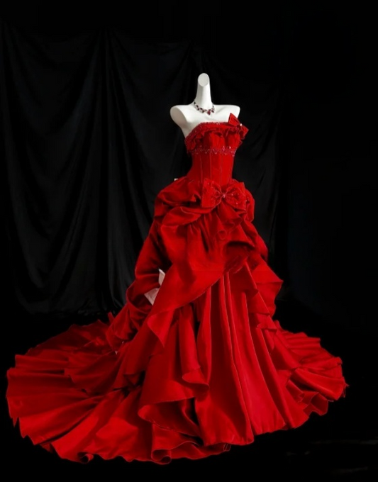 Glamorous Red Strapless Layered Ruffles & Bow Detail Satin Sweet 16 Quinceanera Ball Gown DP7270