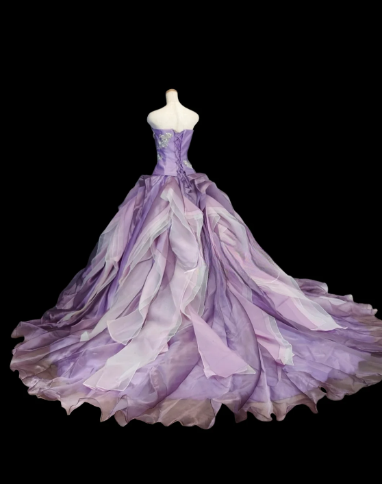 Elegant Lavender Strapless Lace Applique Layered Organza Ruffles Sweet 16 Quinceanera Ball Gown DP7275