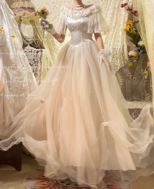 Vintage-Inspired Ivory Off-Shoulder Lace Tulle & Floral Romantic Wedding Dress DP7291