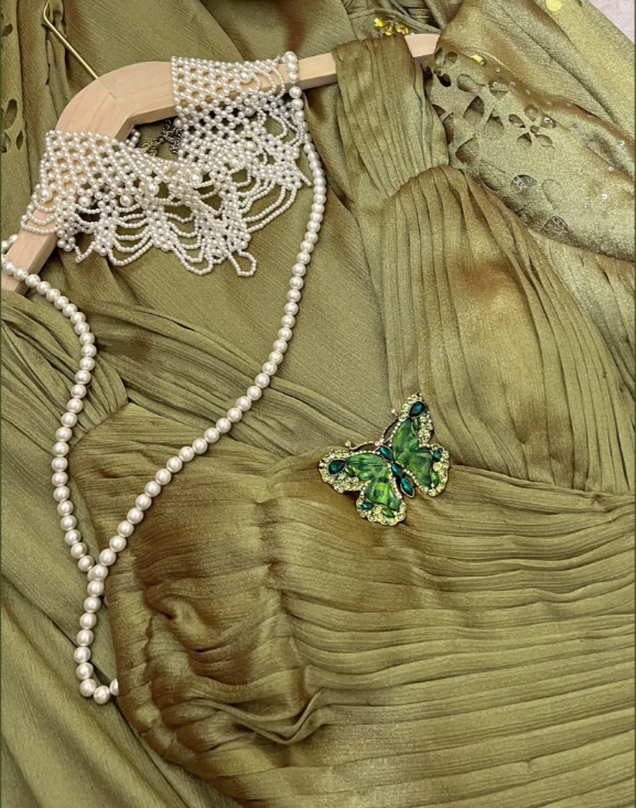 Glamorous Olive Green V-Neck Cutout Floral Evening Gown DP7293