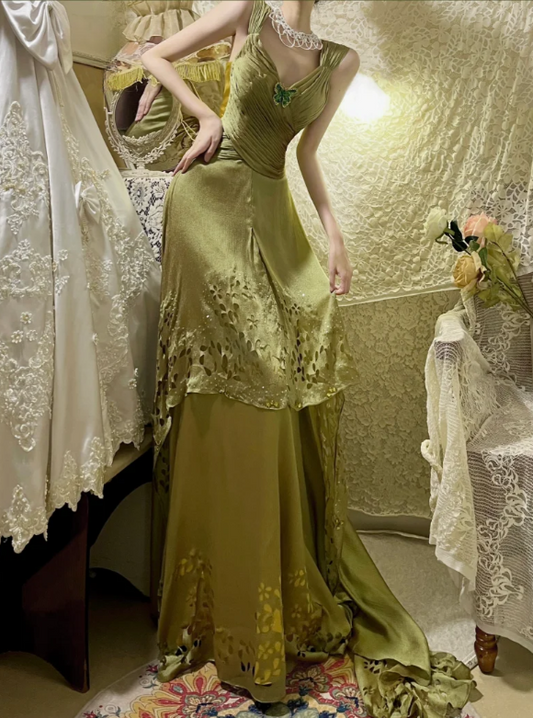 Glamorous Olive Green V-Neck Cutout Floral Evening Gown DP7293