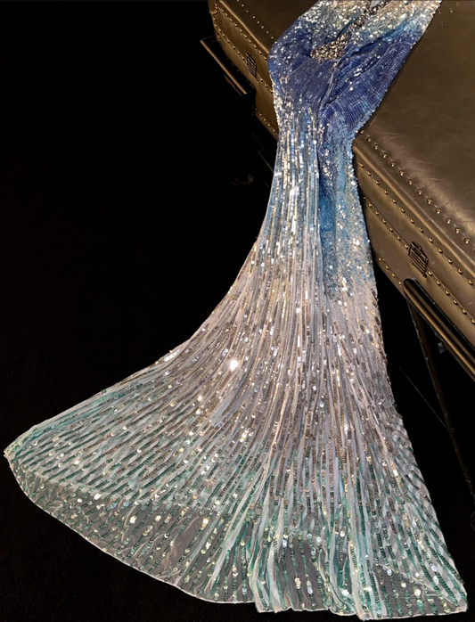 Gorgeous Ocean Blue Ombre Sequin Sparkly Cold Shoulder Evening Gown DP7342