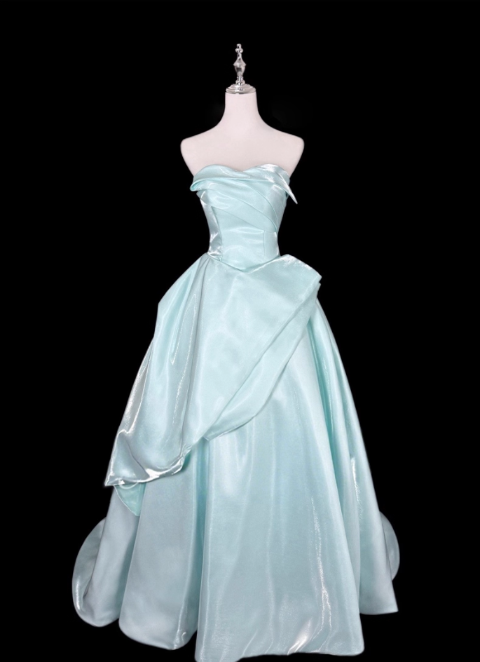 Elegant Mint Green Satin Strapless A-Line Draped Ruffle Evening Gown DP7366