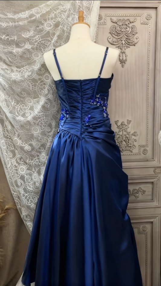 Vintage Navy Blue Satin Beaded Spaghetti Straps Bow Evening Gown DP7374