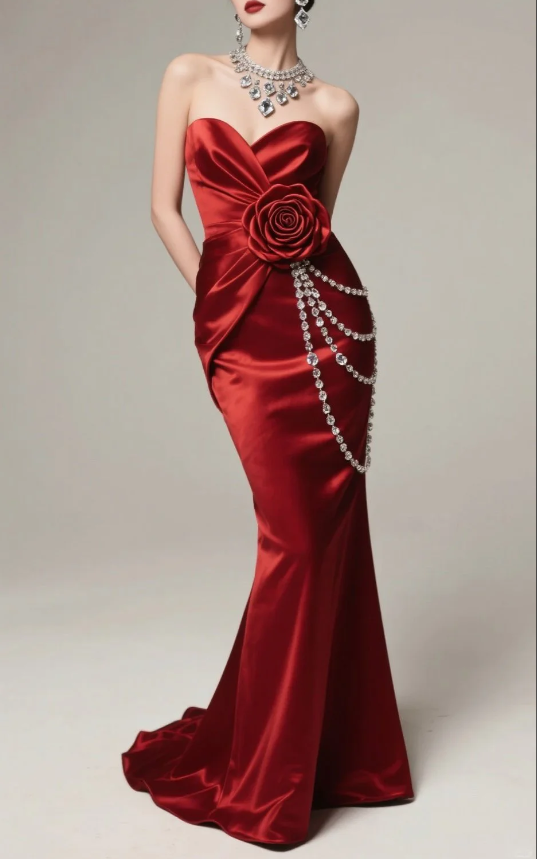 Vintage Burgundy Strapless Satin Sweetheart 3D Rose Rhinestone Chain Evening Gown DP7386