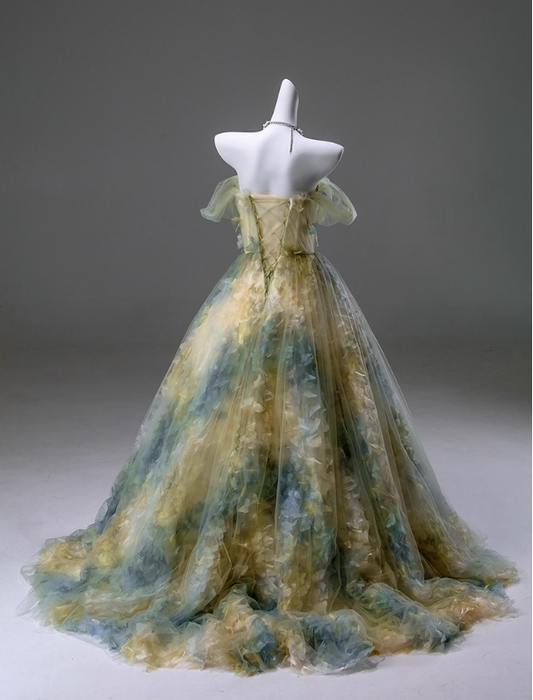 Wunderschönes, schulterfreies Ballkleid aus Tüll mit Blumenmuster für Sweet 16 Quinceañera DP7421