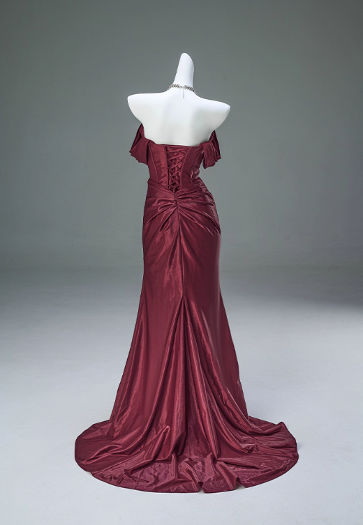Vintage Satin Off-Shoulder Sheath Ruched Prom Dress Evening Gown DP7423