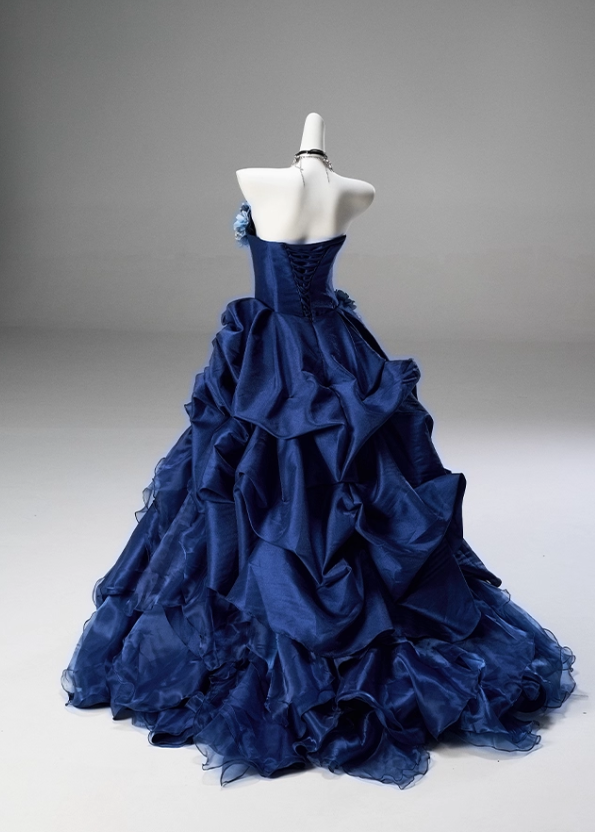 Gorgeous Royal Navy Blue Strapless Satin 3D Flower Ruffled Sweet 16 Quinceanera Ball Gown DP7426