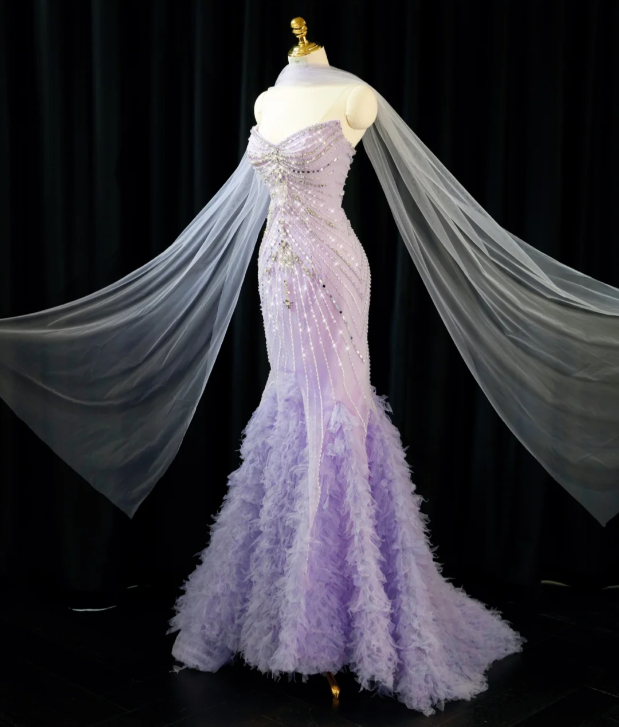 Gorgeous Lavender Strapless Mermaid Beaded Tulle Cape Ruffled Feather Evening Gown DP7429