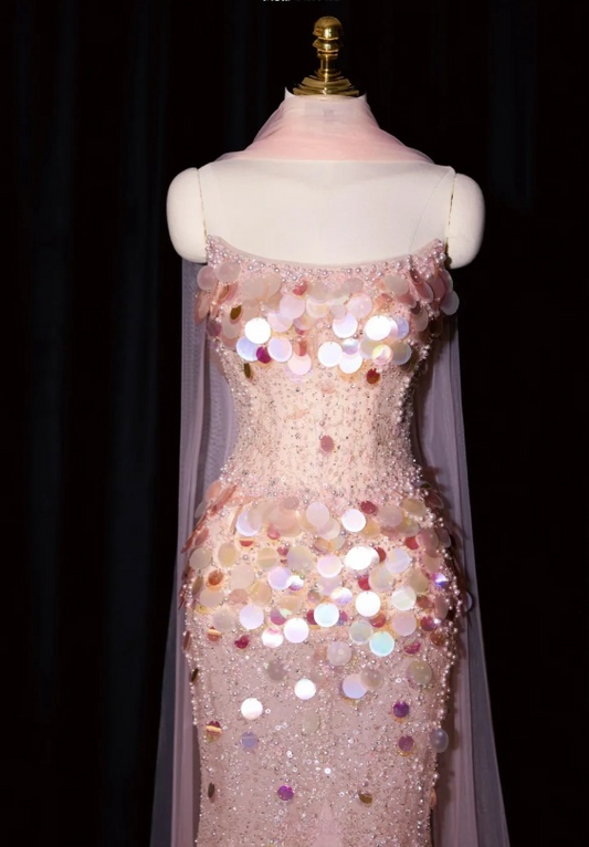 Gorgeous Pink Strapless Mermaid Sequin Tulle Evening Gown DP7430