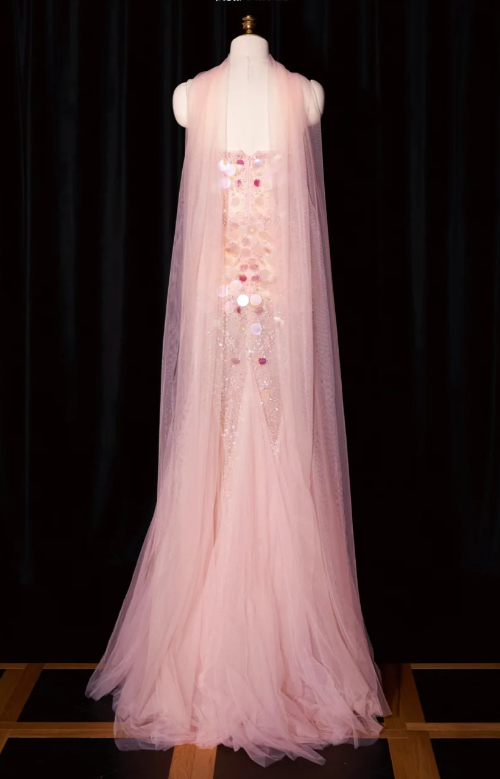 Magnifique robe de soirée sirène rose bustier en tulle à sequins DP7430